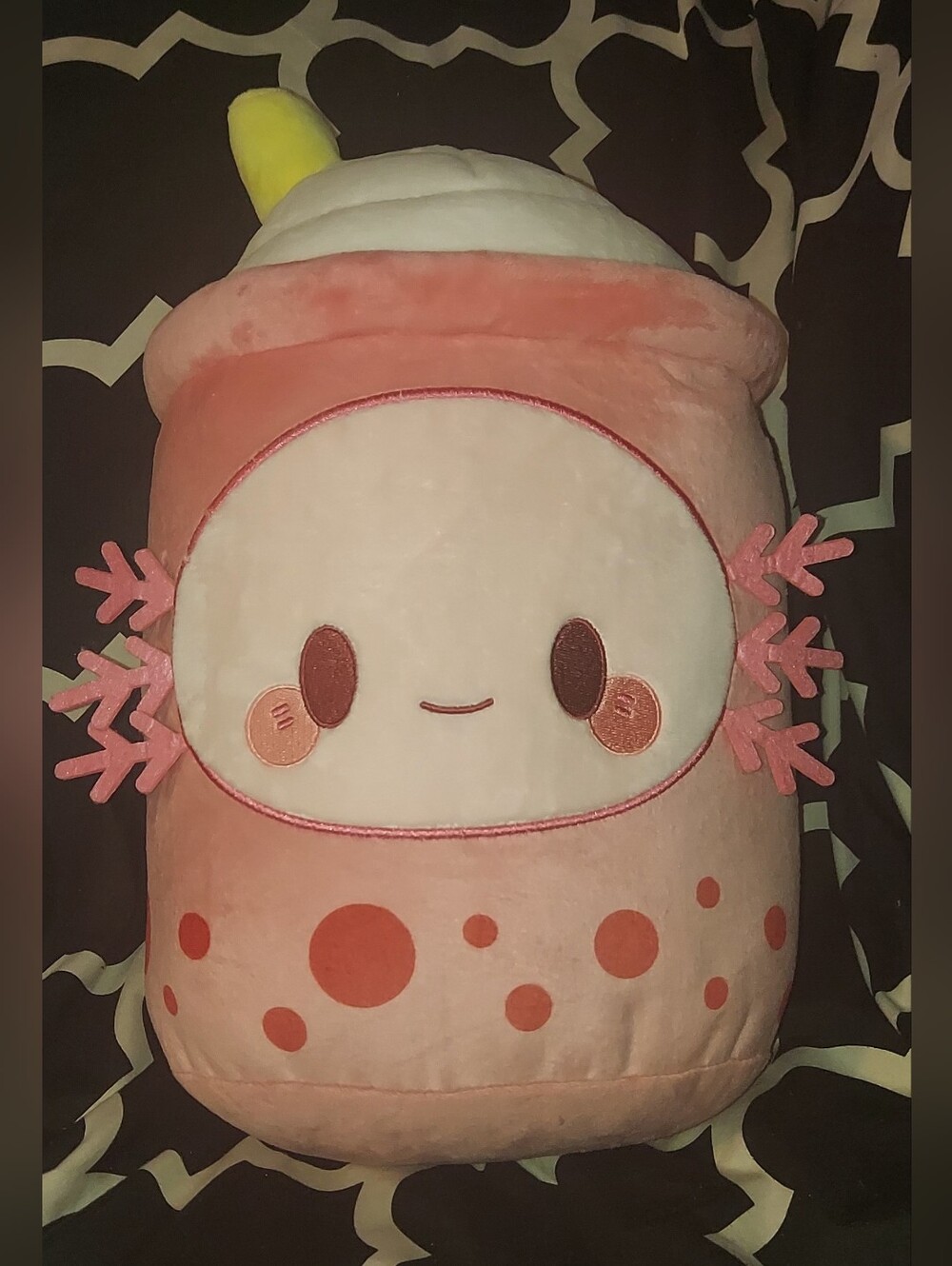 Daiso Pink Axolotl Boba Plush Strawberry Bubble Tea Frappe Plushie Kawaii 12"